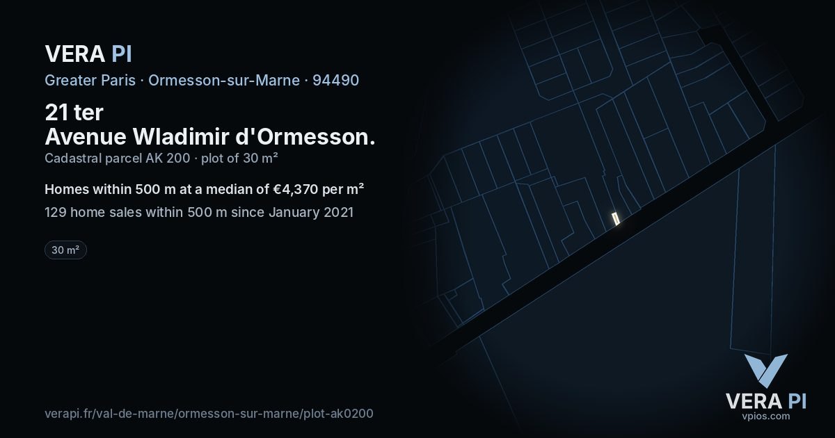 21 ter Avenue Wladimir d'Ormesson, Ormesson-sur-Marne at night – the plot lit, the parcels around coloured by the prices near them