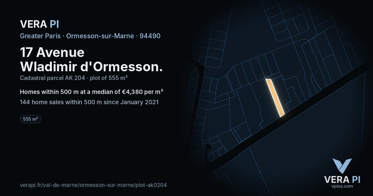 17 Avenue Wladimir d'Ormesson, Ormesson-sur-Marne at night – the plot lit, the parcels around coloured by the prices near them
