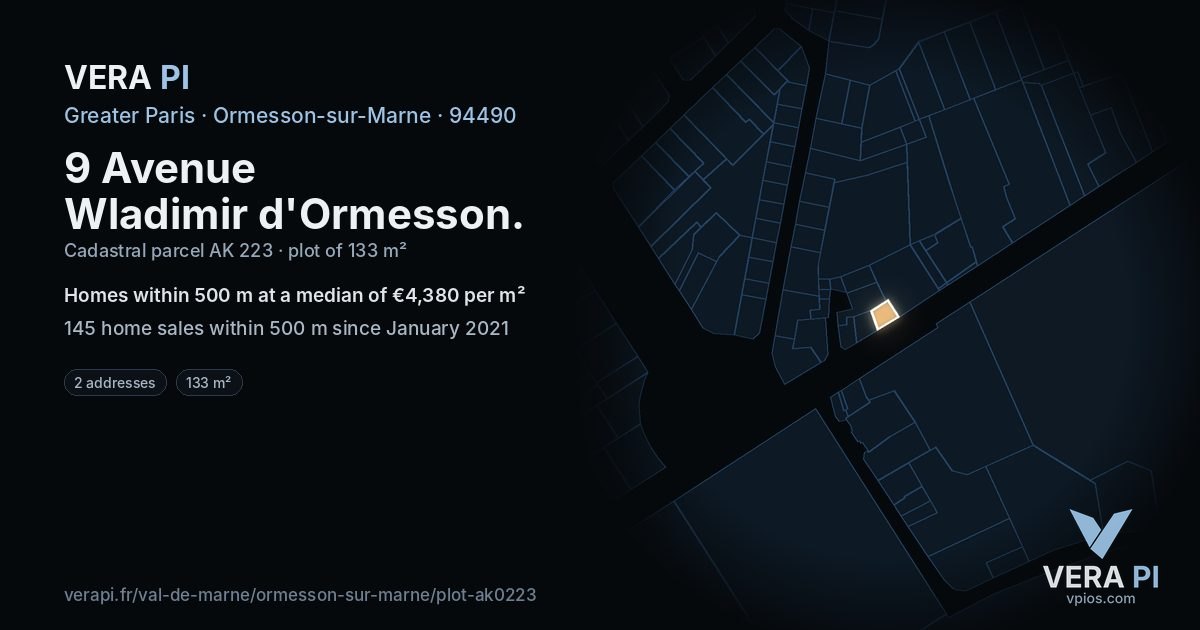 9 Avenue Wladimir d'Ormesson, Ormesson-sur-Marne at night – the plot lit, the parcels around coloured by the prices near them