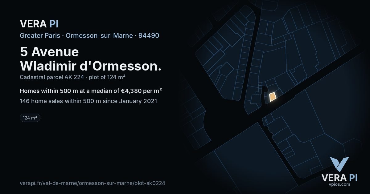 5 Avenue Wladimir d'Ormesson, Ormesson-sur-Marne at night – the plot lit, the parcels around coloured by the prices near them
