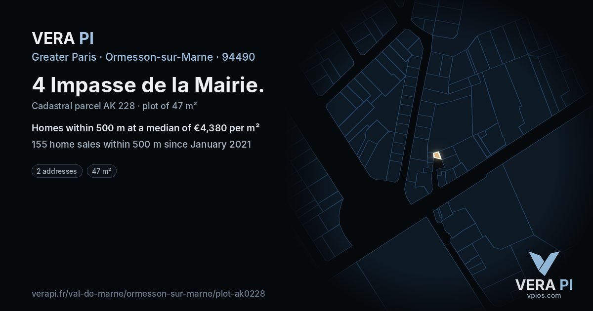 4 Impasse de la Mairie, Ormesson-sur-Marne at night – the plot lit, the parcels around coloured by the prices near them