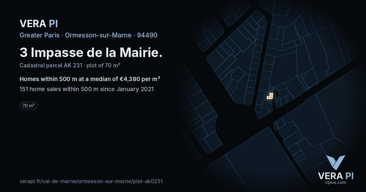 3 Impasse de la Mairie, Ormesson-sur-Marne at night – the plot lit, the parcels around coloured by the prices near them