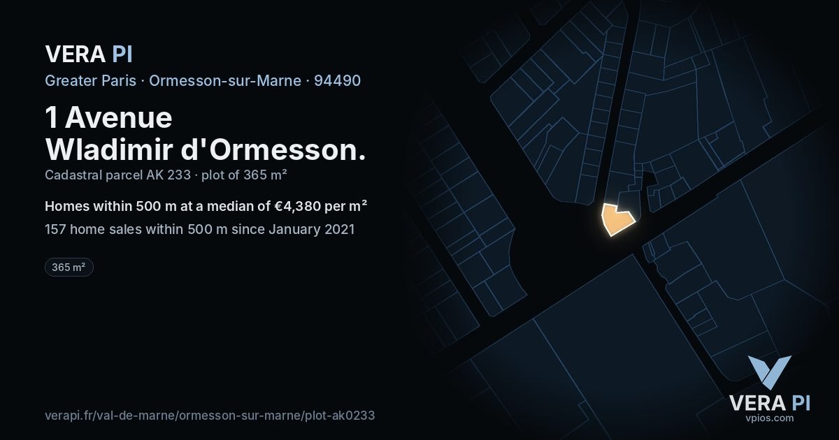 1 Avenue Wladimir d'Ormesson, Ormesson-sur-Marne at night – the plot lit, the parcels around coloured by the prices near them