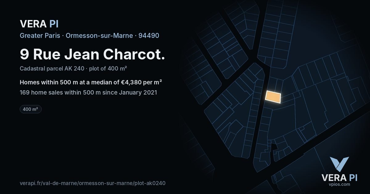 9 Rue Jean Charcot, Ormesson-sur-Marne at night – the plot lit, the parcels around coloured by the prices near them