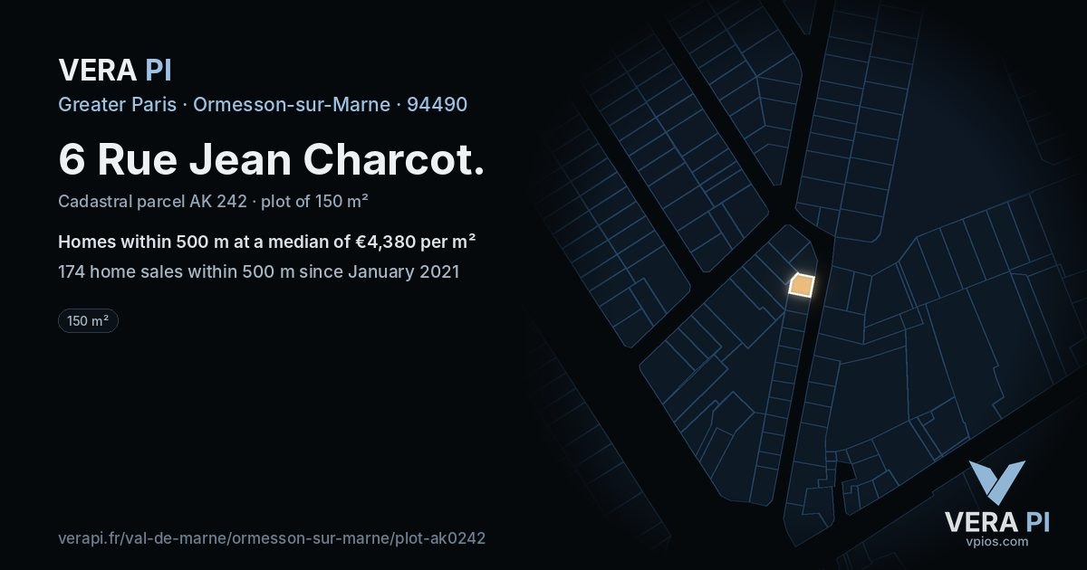 6 Rue Jean Charcot, Ormesson-sur-Marne at night – the plot lit, the parcels around coloured by the prices near them