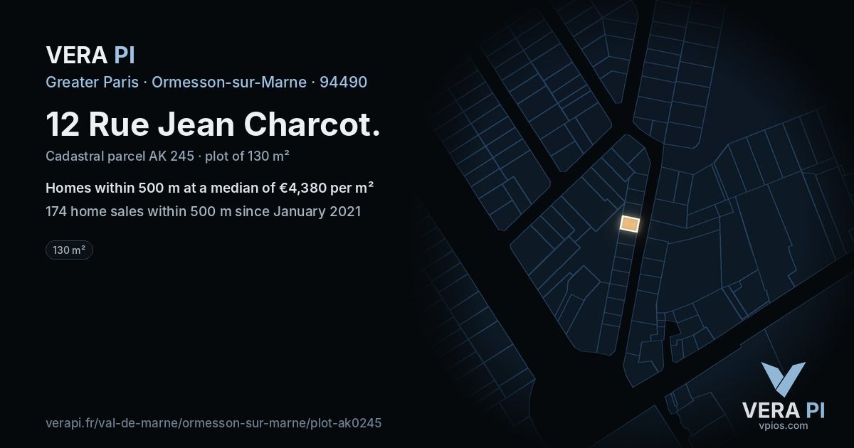 12 Rue Jean Charcot, Ormesson-sur-Marne at night – the plot lit, the parcels around coloured by the prices near them