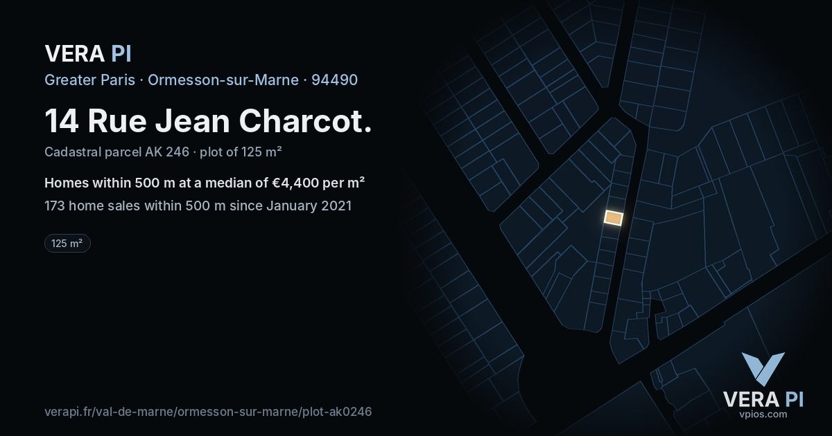 14 Rue Jean Charcot, Ormesson-sur-Marne at night – the plot lit, the parcels around coloured by the prices near them