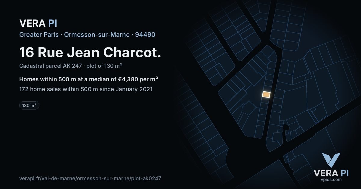 16 Rue Jean Charcot, Ormesson-sur-Marne at night – the plot lit, the parcels around coloured by the prices near them