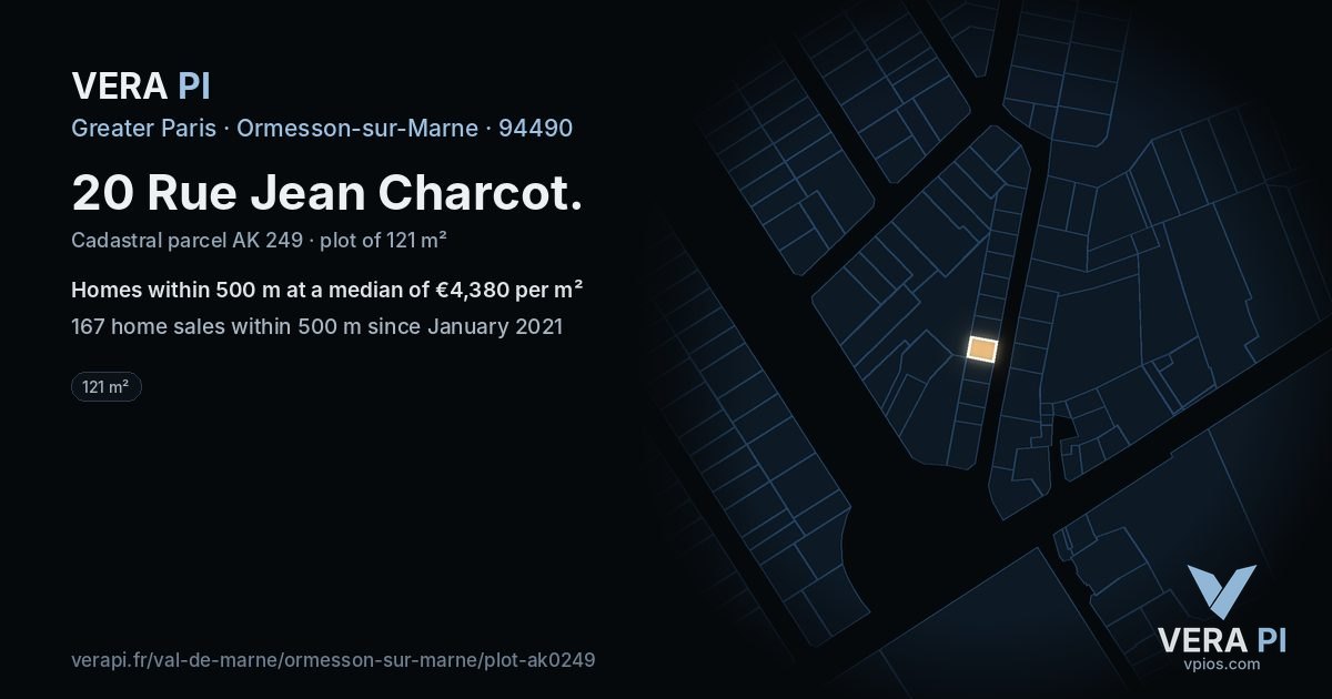 20 Rue Jean Charcot, Ormesson-sur-Marne at night – the plot lit, the parcels around coloured by the prices near them