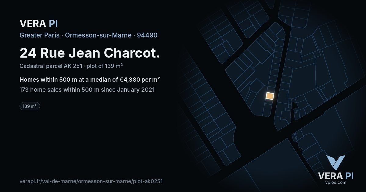 24 Rue Jean Charcot, Ormesson-sur-Marne at night – the plot lit, the parcels around coloured by the prices near them