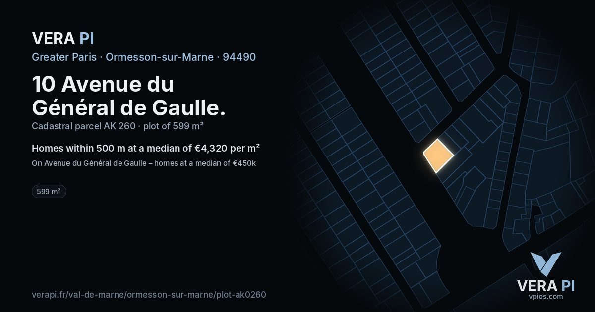 10 Avenue du Général de Gaulle, Ormesson-sur-Marne at night – the plot lit, the parcels around coloured by the prices near them