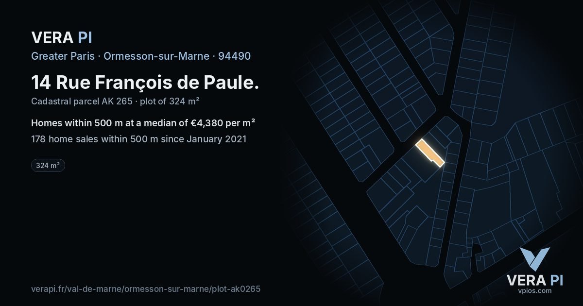 14 Rue François de Paule, Ormesson-sur-Marne at night – the plot lit, the parcels around coloured by the prices near them