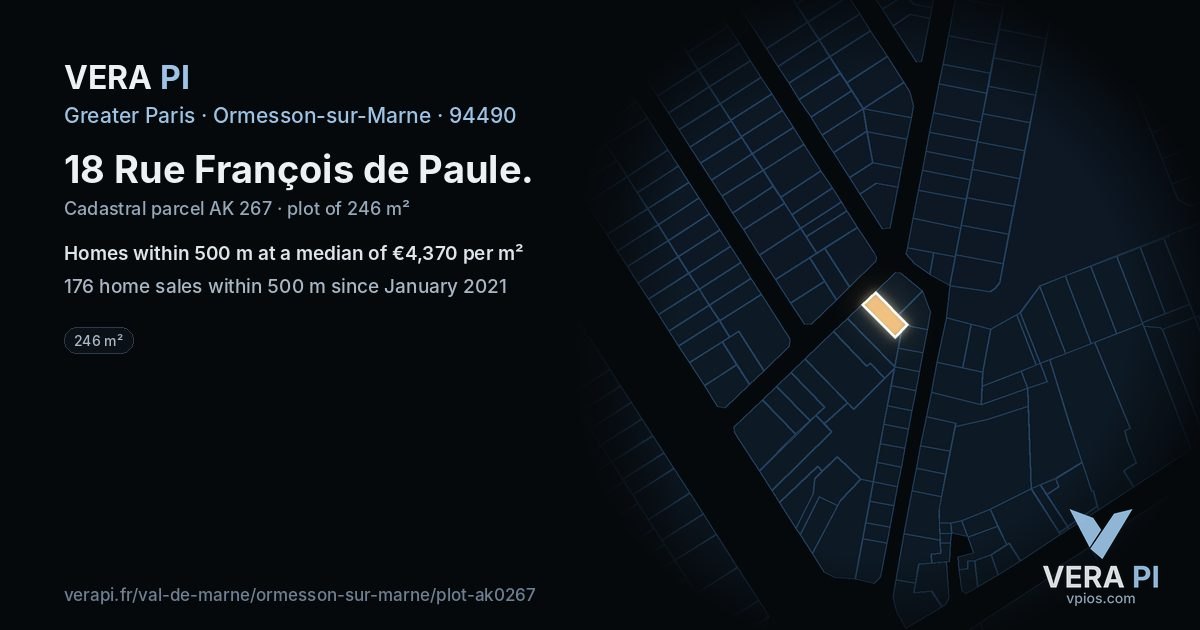18 Rue François de Paule, Ormesson-sur-Marne at night – the plot lit, the parcels around coloured by the prices near them