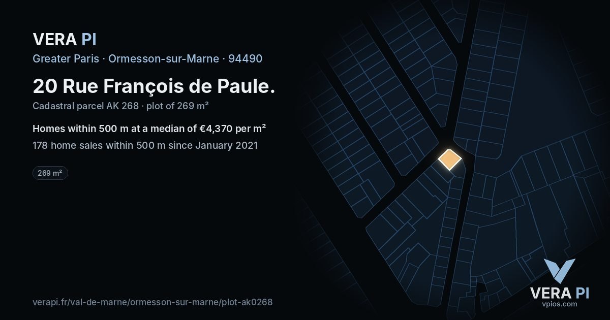 20 Rue François de Paule, Ormesson-sur-Marne at night – the plot lit, the parcels around coloured by the prices near them