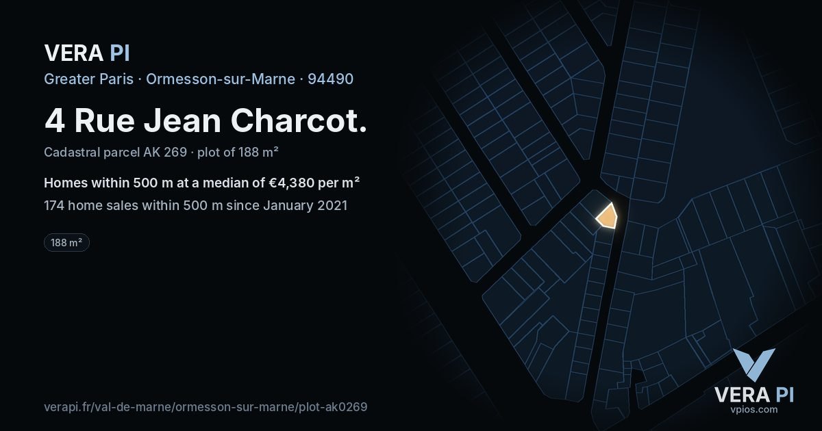 4 Rue Jean Charcot, Ormesson-sur-Marne at night – the plot lit, the parcels around coloured by the prices near them