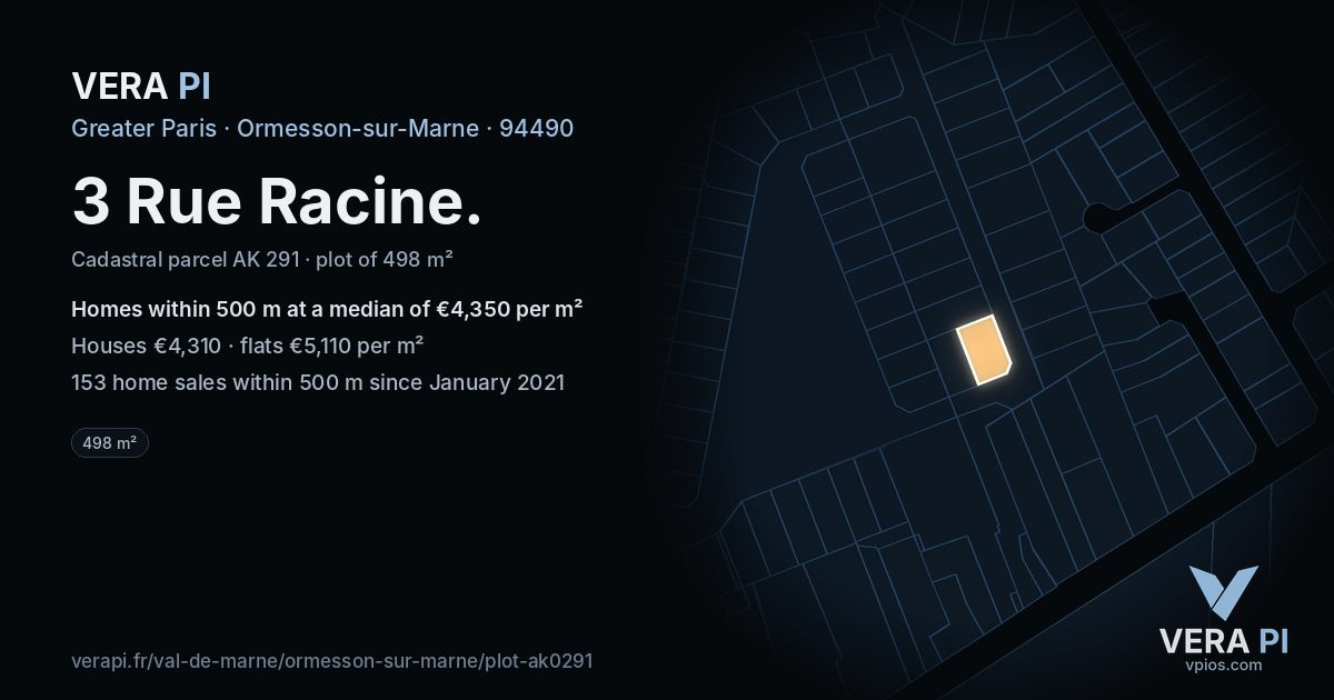 3 Rue Racine, Ormesson-sur-Marne at night – the plot lit, the parcels around coloured by the prices near them