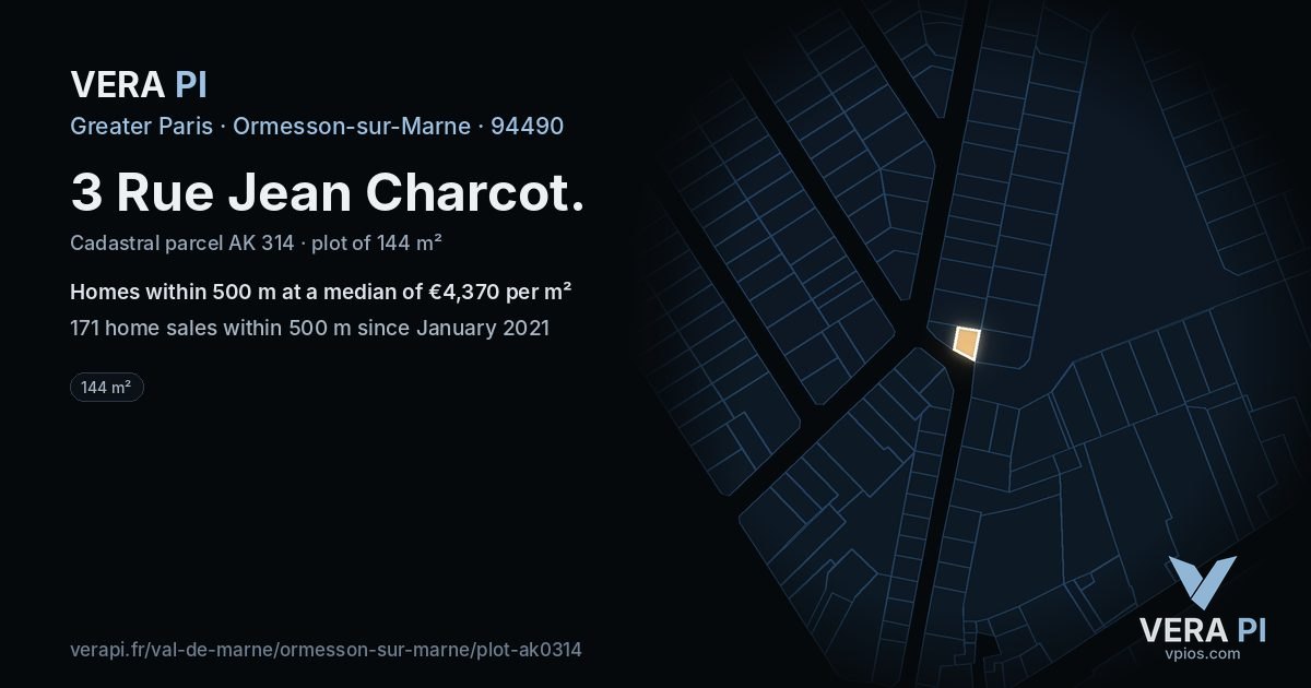 3 Rue Jean Charcot, Ormesson-sur-Marne at night – the plot lit, the parcels around coloured by the prices near them