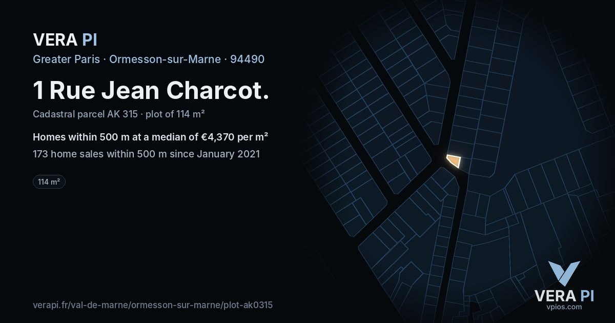 1 Rue Jean Charcot, Ormesson-sur-Marne at night – the plot lit, the parcels around coloured by the prices near them