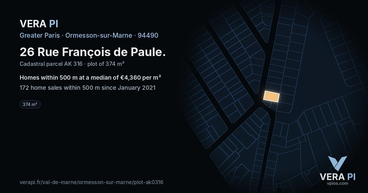 26 Rue François de Paule, Ormesson-sur-Marne at night – the plot lit, the parcels around coloured by the prices near them