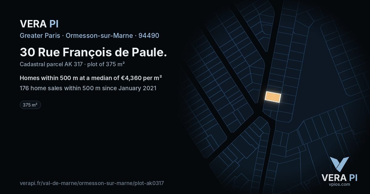 30 Rue François de Paule, Ormesson-sur-Marne at night – the plot lit, the parcels around coloured by the prices near them