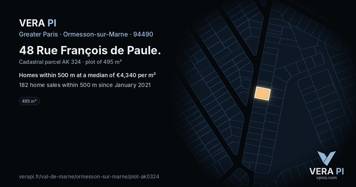 48 Rue François de Paule, Ormesson-sur-Marne at night – the plot lit, the parcels around coloured by the prices near them