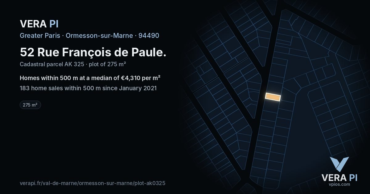 52 Rue François de Paule, Ormesson-sur-Marne at night – the plot lit, the parcels around coloured by the prices near them
