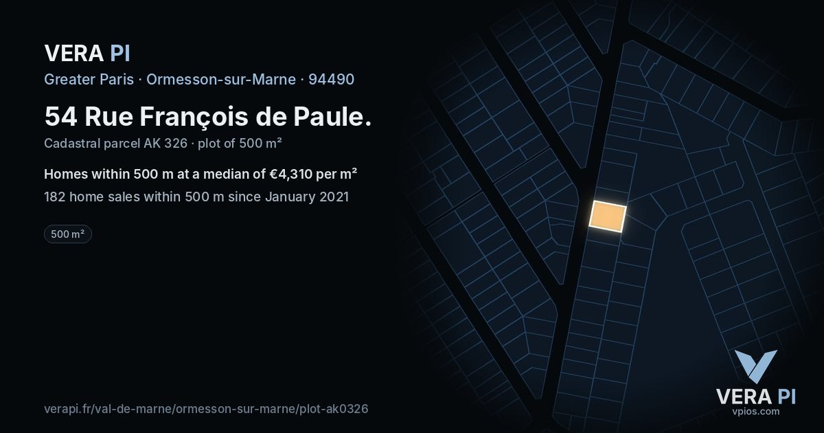 54 Rue François de Paule, Ormesson-sur-Marne at night – the plot lit, the parcels around coloured by the prices near them