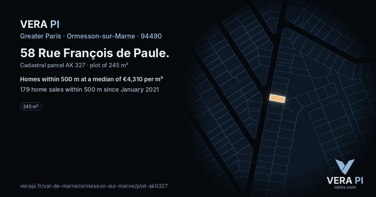 58 Rue François de Paule, Ormesson-sur-Marne at night – the plot lit, the parcels around coloured by the prices near them