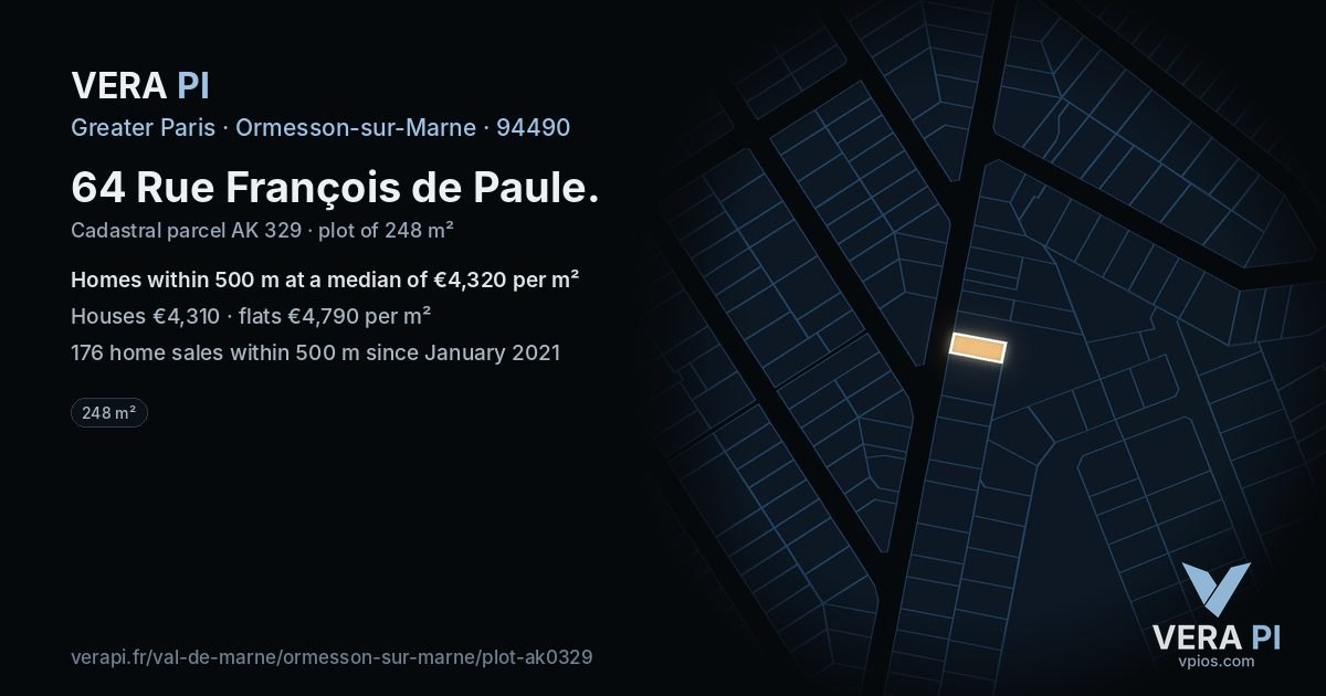 64 Rue François de Paule, Ormesson-sur-Marne at night – the plot lit, the parcels around coloured by the prices near them