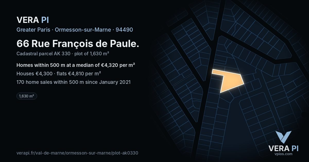 66 Rue François de Paule, Ormesson-sur-Marne at night – the plot lit, the parcels around coloured by the prices near them