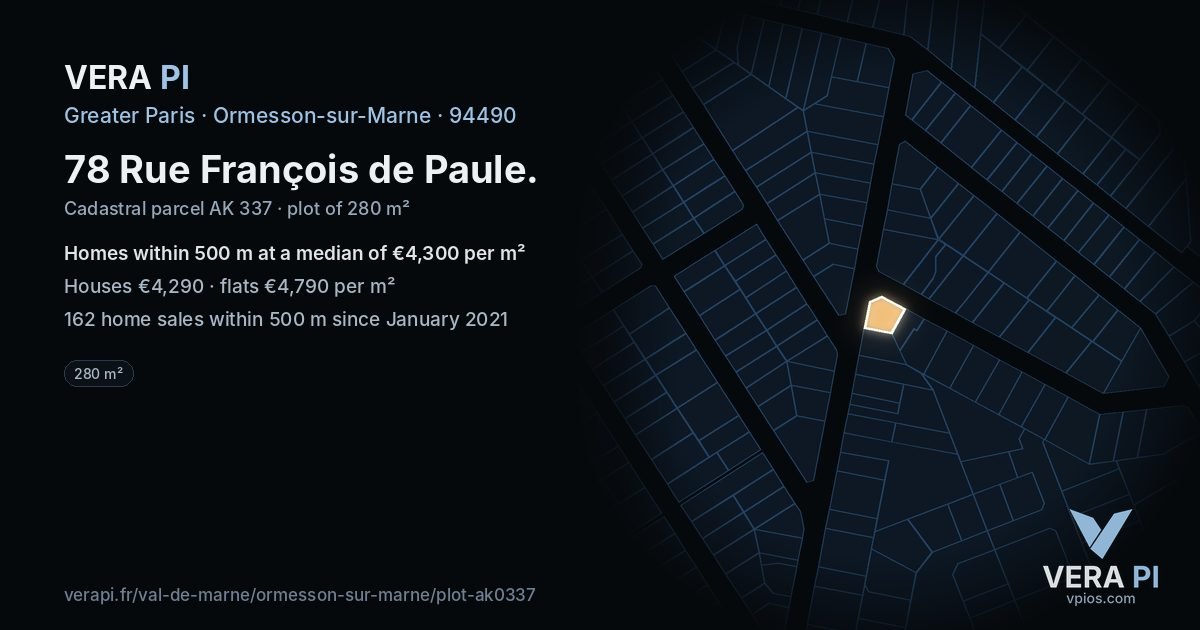 78 Rue François de Paule, Ormesson-sur-Marne at night – the plot lit, the parcels around coloured by the prices near them
