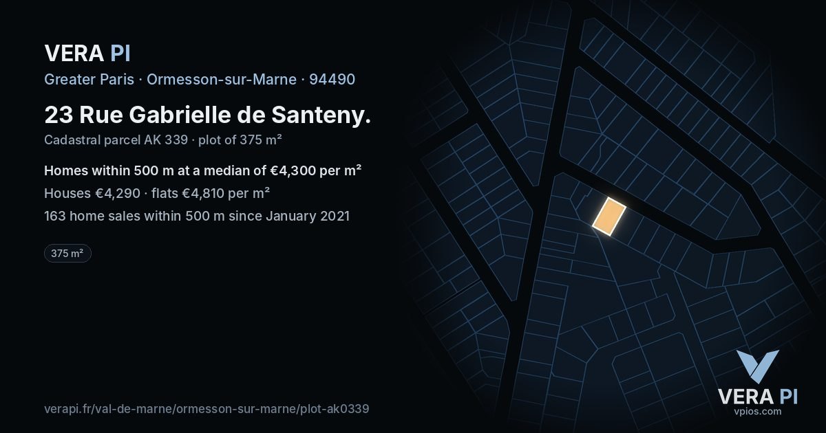 23 Rue Gabrielle de Santeny, Ormesson-sur-Marne at night – the plot lit, the parcels around coloured by the prices near them