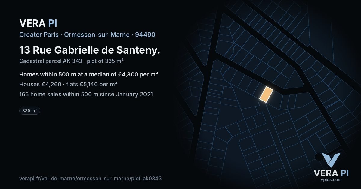 13 Rue Gabrielle de Santeny, Ormesson-sur-Marne at night – the plot lit, the parcels around coloured by the prices near them
