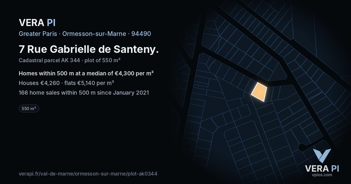 7 Rue Gabrielle de Santeny, Ormesson-sur-Marne at night – the plot lit, the parcels around coloured by the prices near them