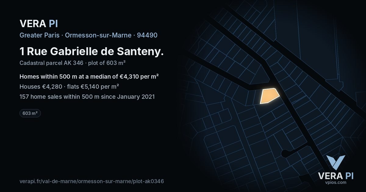 1 Rue Gabrielle de Santeny, Ormesson-sur-Marne at night – the plot lit, the parcels around coloured by the prices near them