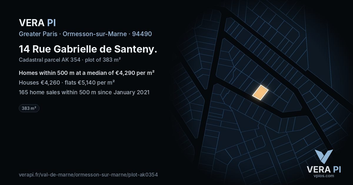 14 Rue Gabrielle de Santeny, Ormesson-sur-Marne at night – the plot lit, the parcels around coloured by the prices near them