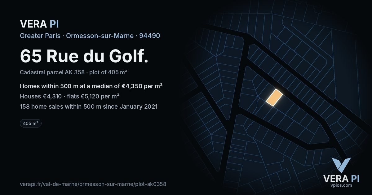 65 Rue du Golf, Ormesson-sur-Marne at night – the plot lit, the parcels around coloured by the prices near them