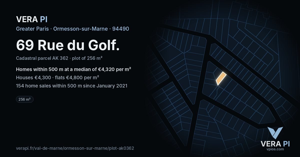 69 Rue du Golf, Ormesson-sur-Marne at night – the plot lit, the parcels around coloured by the prices near them