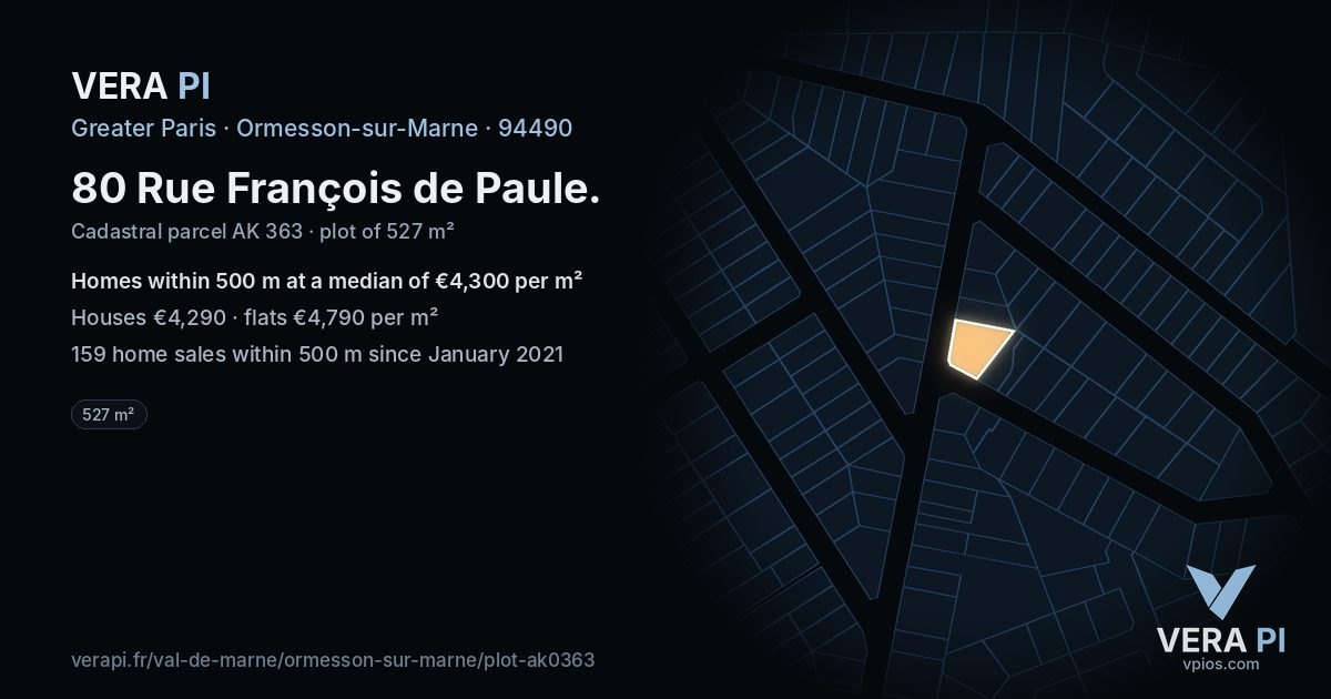 80 Rue François de Paule, Ormesson-sur-Marne at night – the plot lit, the parcels around coloured by the prices near them