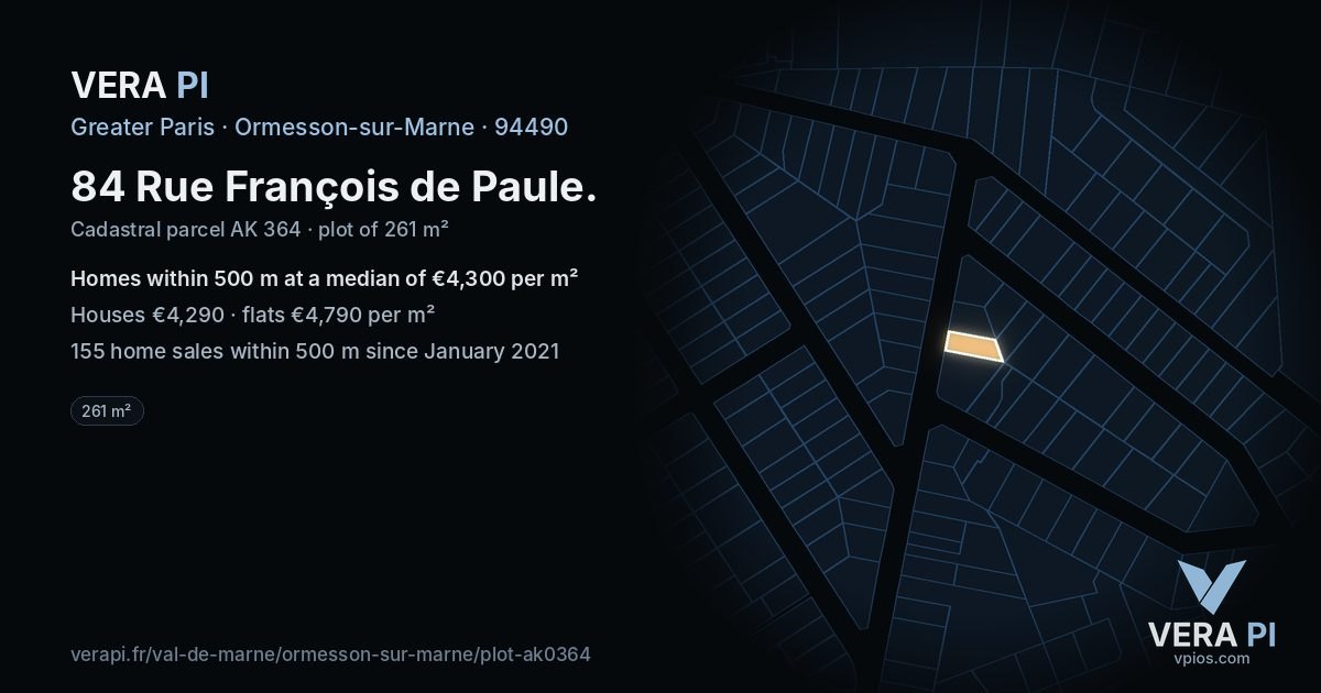 84 Rue François de Paule, Ormesson-sur-Marne at night – the plot lit, the parcels around coloured by the prices near them