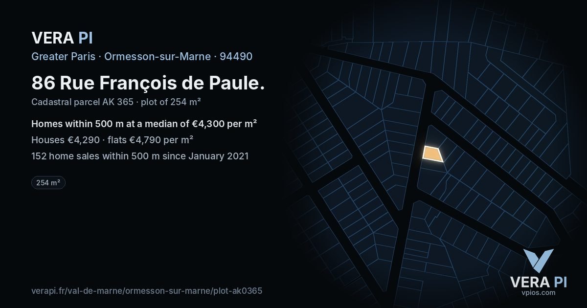 86 Rue François de Paule, Ormesson-sur-Marne at night – the plot lit, the parcels around coloured by the prices near them