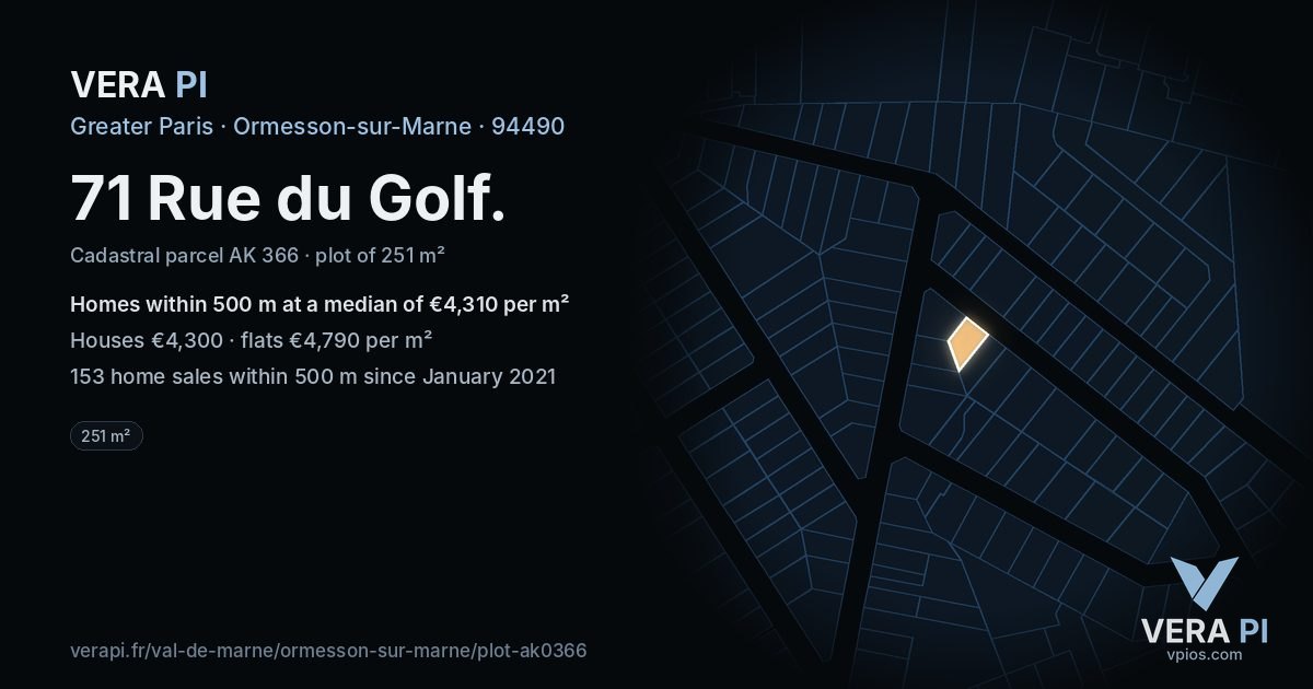 71 Rue du Golf, Ormesson-sur-Marne at night – the plot lit, the parcels around coloured by the prices near them