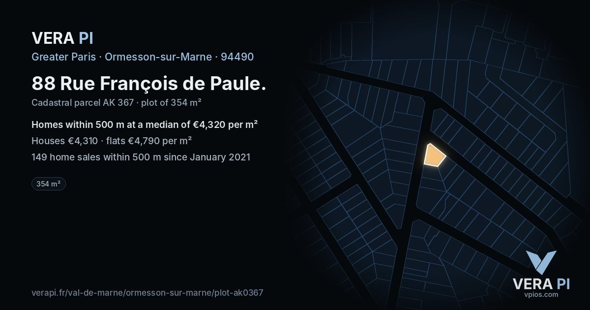 88 Rue François de Paule, Ormesson-sur-Marne at night – the plot lit, the parcels around coloured by the prices near them