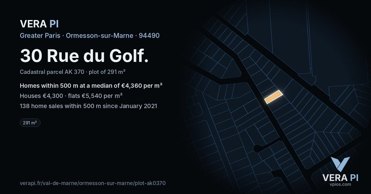 30 Rue du Golf, Ormesson-sur-Marne at night – the plot lit, the parcels around coloured by the prices near them