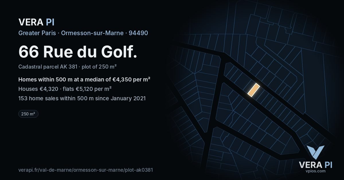 66 Rue du Golf, Ormesson-sur-Marne at night – the plot lit, the parcels around coloured by the prices near them
