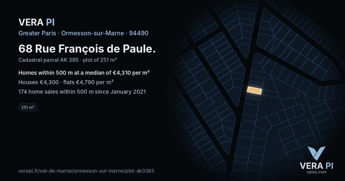 68 Rue François de Paule, Ormesson-sur-Marne at night – the plot lit, the parcels around coloured by the prices near them