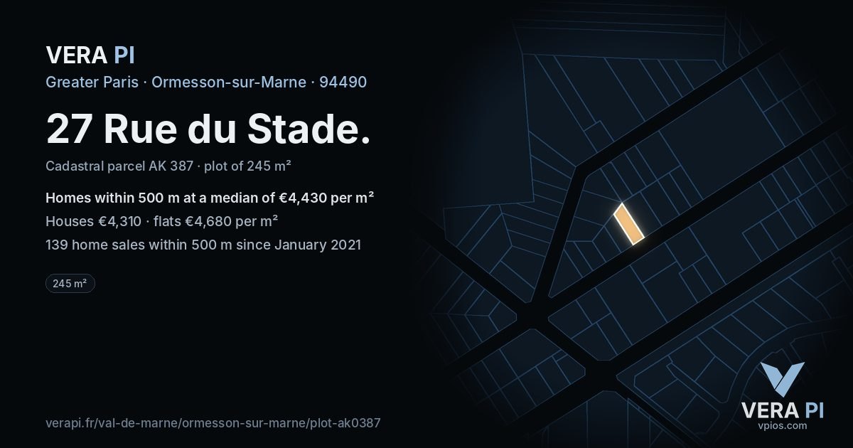 27 Rue du Stade, Ormesson-sur-Marne at night – the plot lit, the parcels around coloured by the prices near them