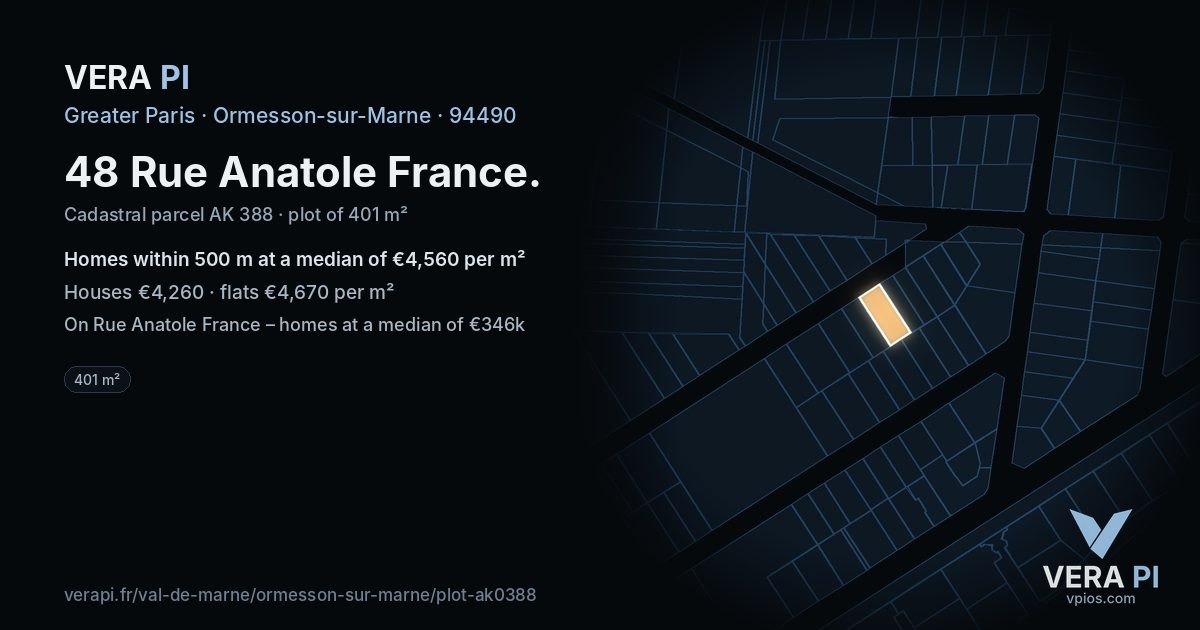 48 Rue Anatole France, Ormesson-sur-Marne at night – the plot lit, the parcels around coloured by the prices near them