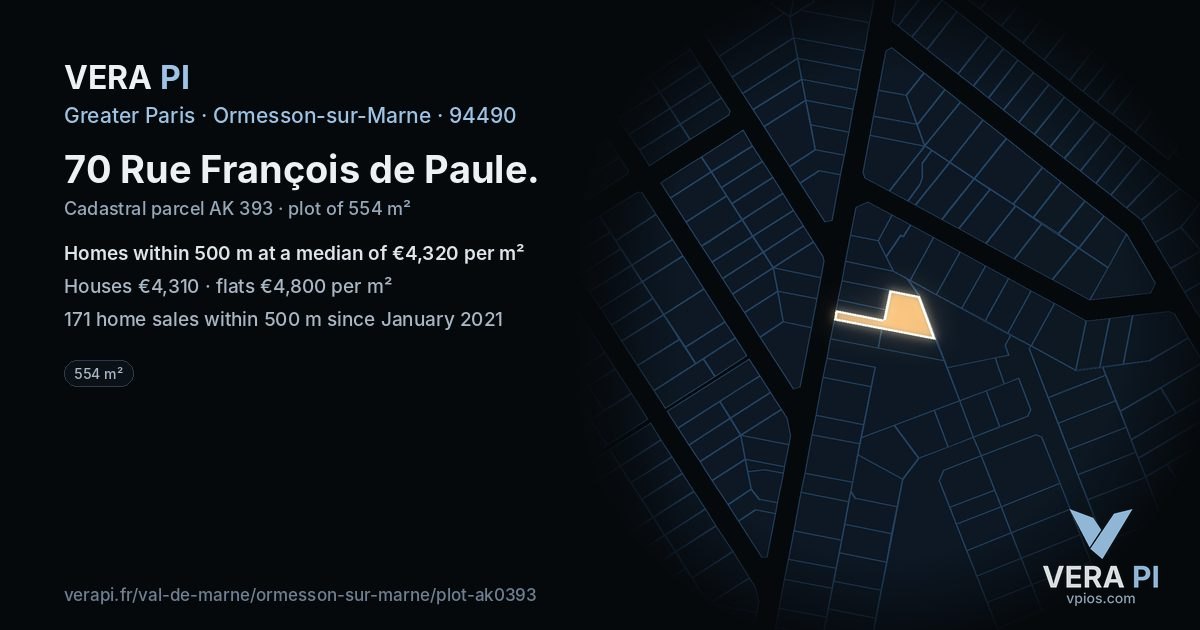 70 Rue François de Paule, Ormesson-sur-Marne at night – the plot lit, the parcels around coloured by the prices near them