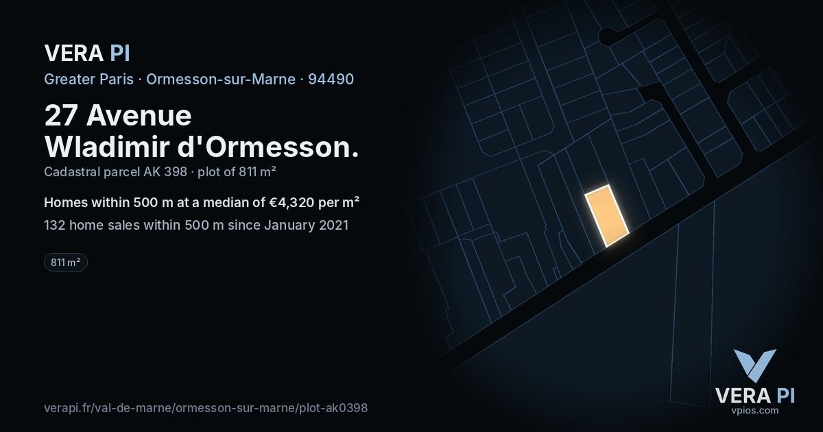 27 Avenue Wladimir d'Ormesson, Ormesson-sur-Marne at night – the plot lit, the parcels around coloured by the prices near them